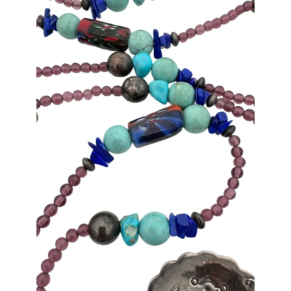 Signed‎ Carlisle Sterling Necklace Beads Gemstones Star Native American Rare 53